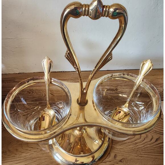 Vintage Mid-Century Gold Tone 2 Condiment Server Carousel With Spoons MCM - Picture 7 of 9